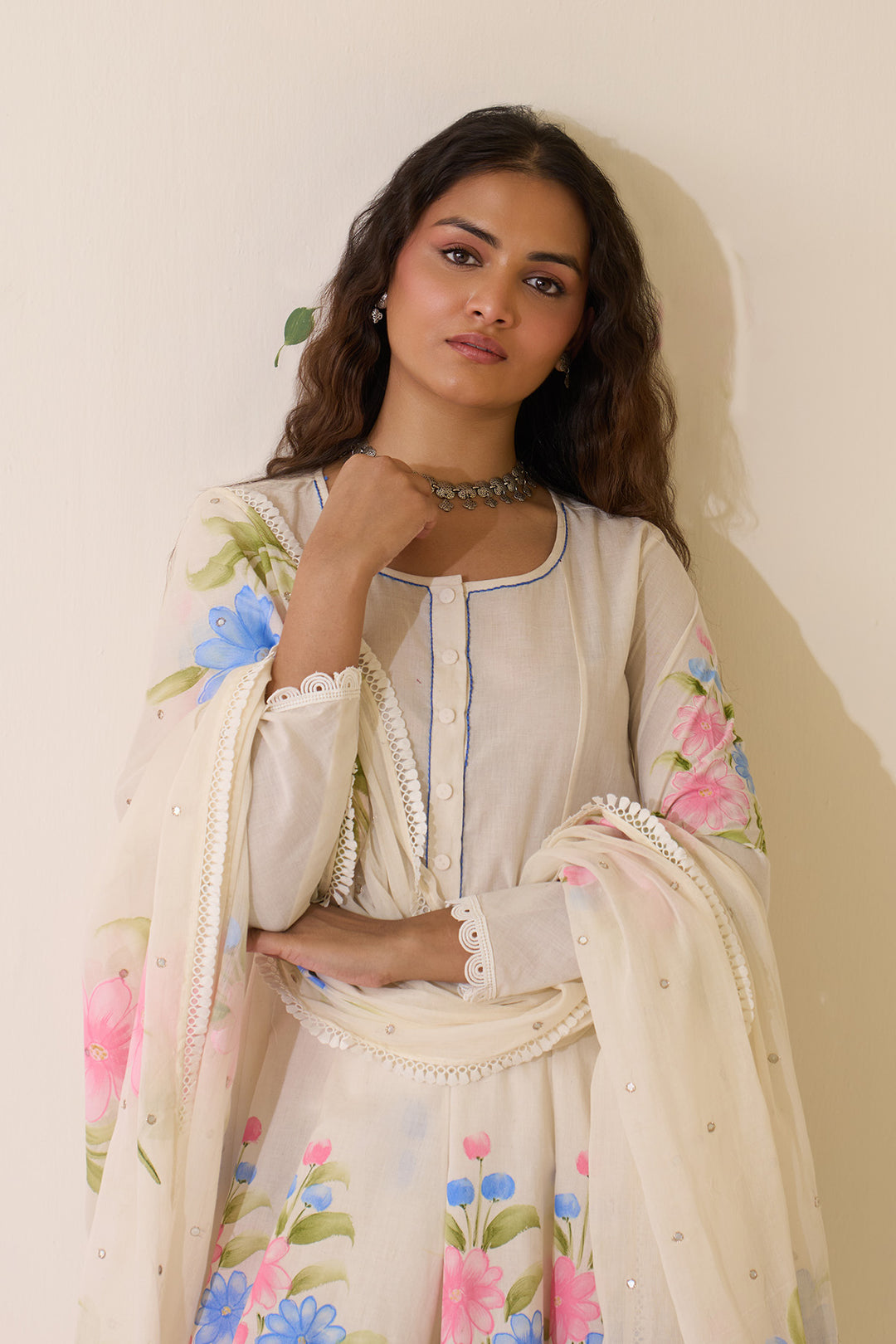 Mehraz Handpaint off white Short anarkali with salwar  and dupatta ( set of 3 )