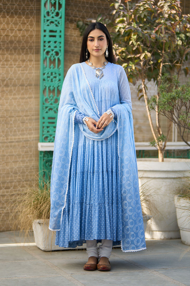 Ombre blue block printed tiered anarkali with chooridar and dupatta ( set of 3 )