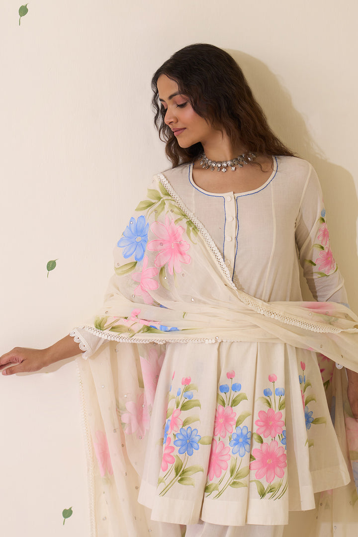 Mehraz Handpaint off white Short anarkali with salwar  and dupatta ( set of 3 )