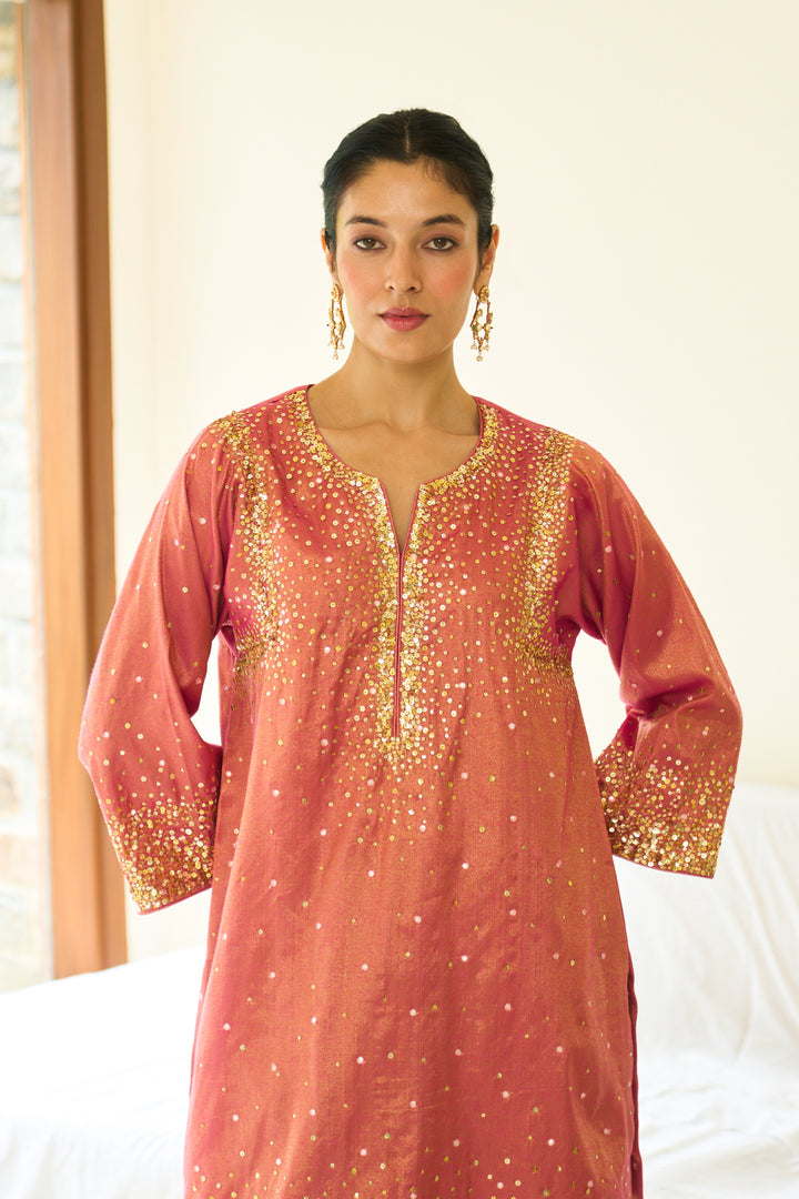 Saanjh sequins pink choga with salwar and dupatta( set of 3)