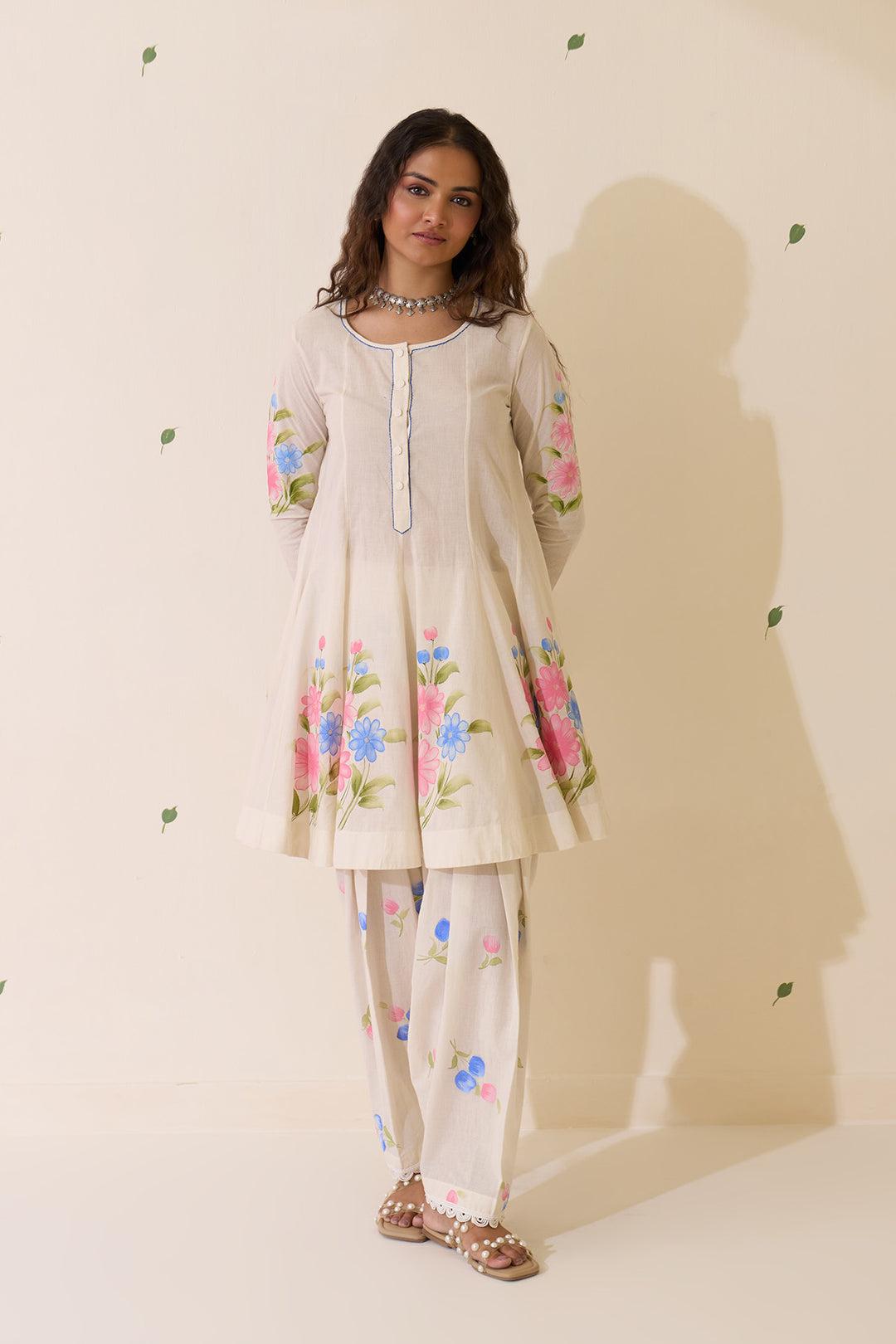 Mehraz Handpaint off white Short anarkali with salwar  and dupatta ( set of 3 )