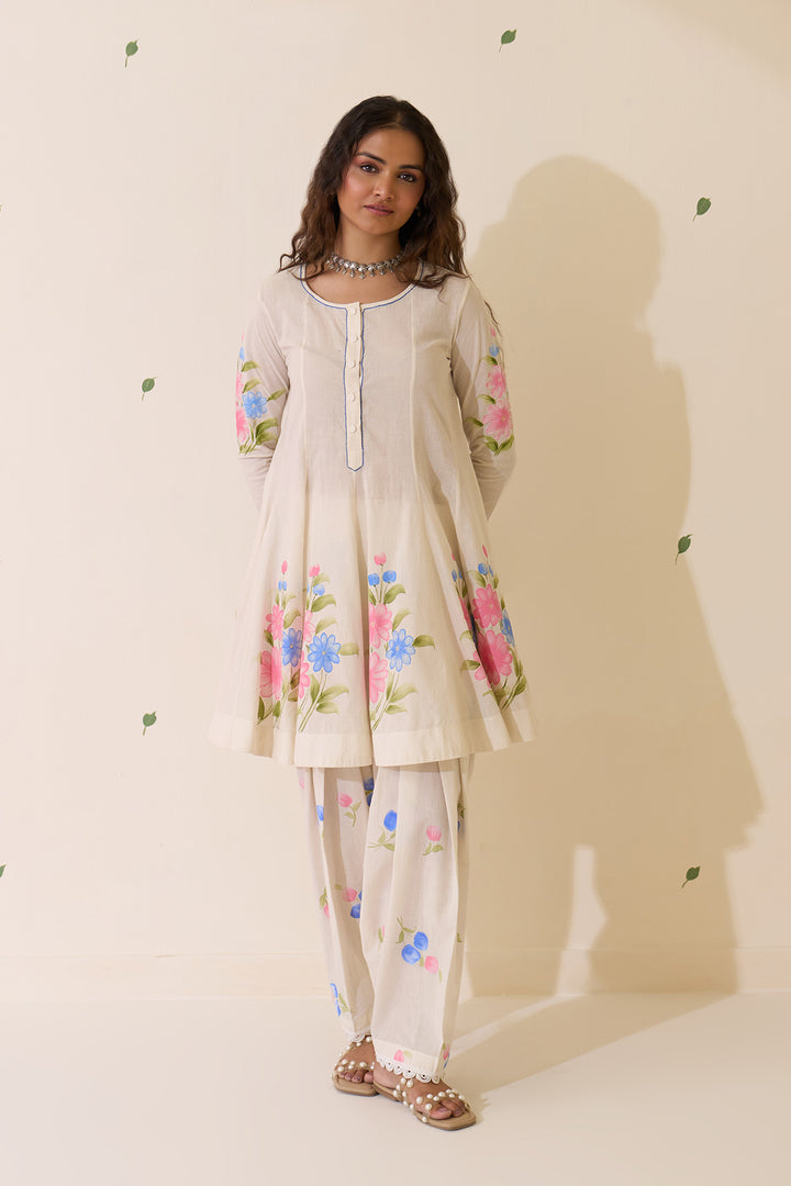Mehraz Handpaint off white Short anarkali with salwar  and dupatta ( set of 3 )