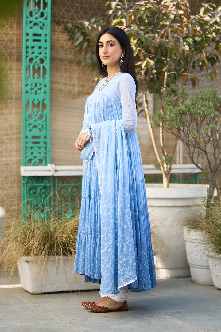 Ombre blue block printed tiered anarkali with chooridar and dupatta ( set of 3 )