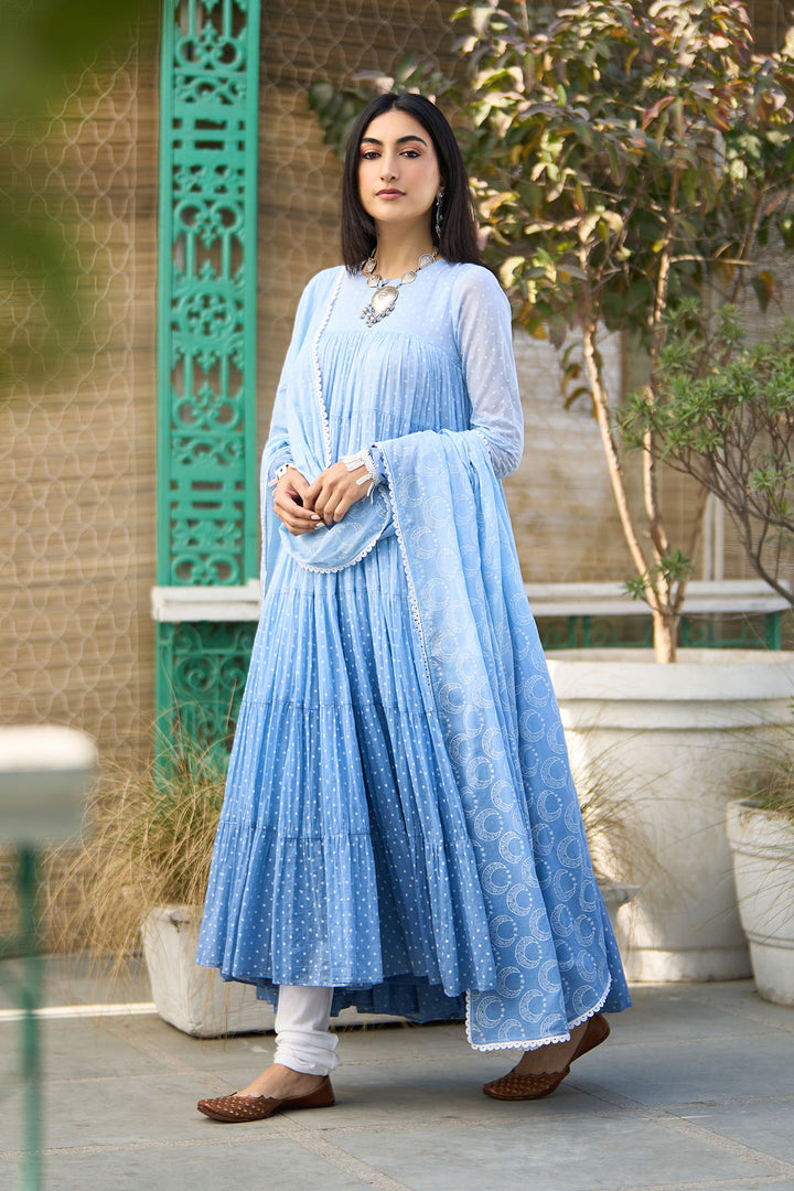 Ombre blue block printed tiered anarkali with chooridar and dupatta ( set of 3 )
