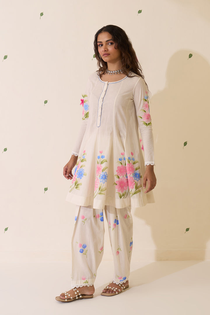 Mehraz Handpaint off white Short anarkali with salwar  and dupatta ( set of 3 )