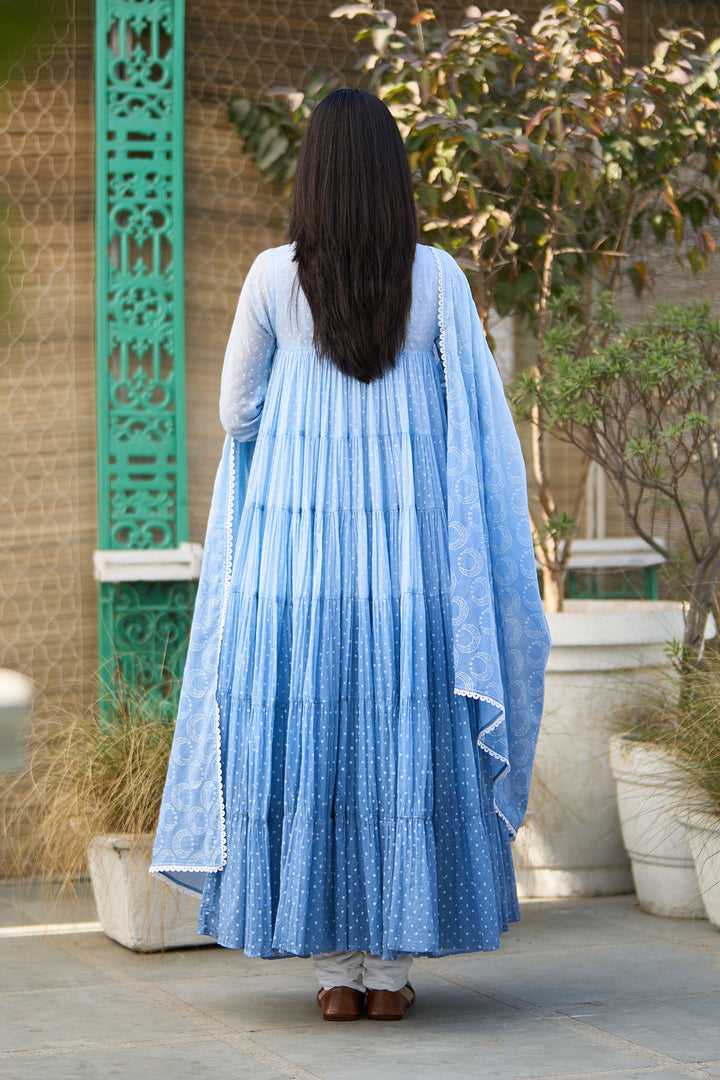 Ombre blue block printed tiered anarkali with chooridar and dupatta ( set of 3 )