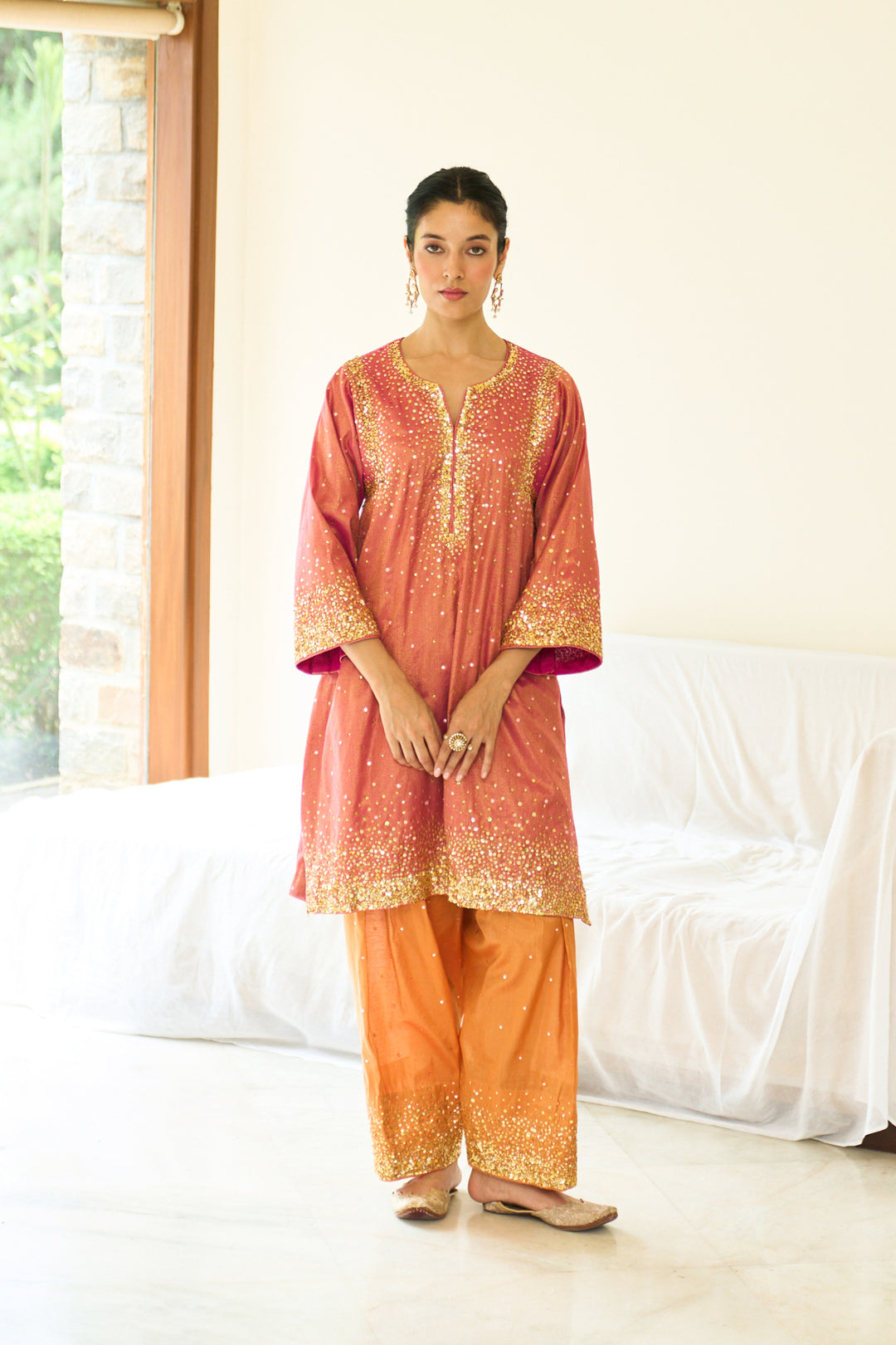 Saanjh sequins pink choga with salwar and dupatta( set of 3)