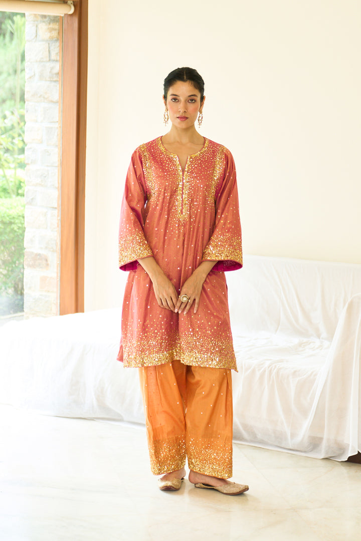 Saanjh sequins pink choga with salwar and dupatta( set of 3)