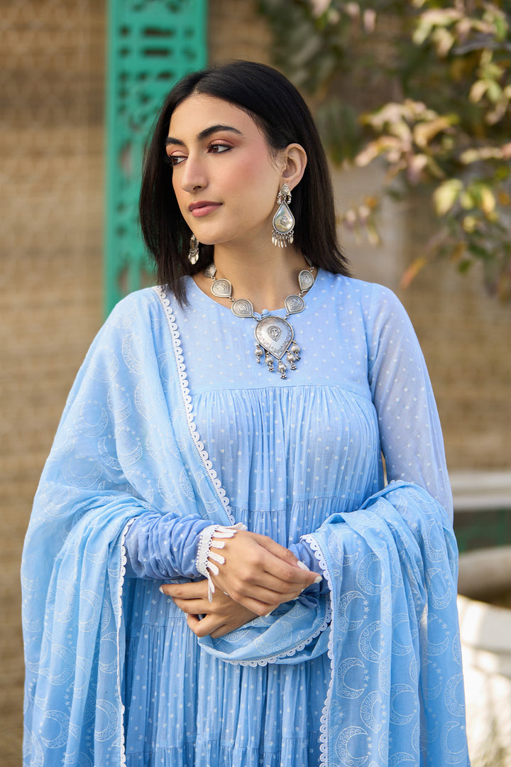 Ombre blue block printed tiered anarkali with chooridar and dupatta ( set of 3 )