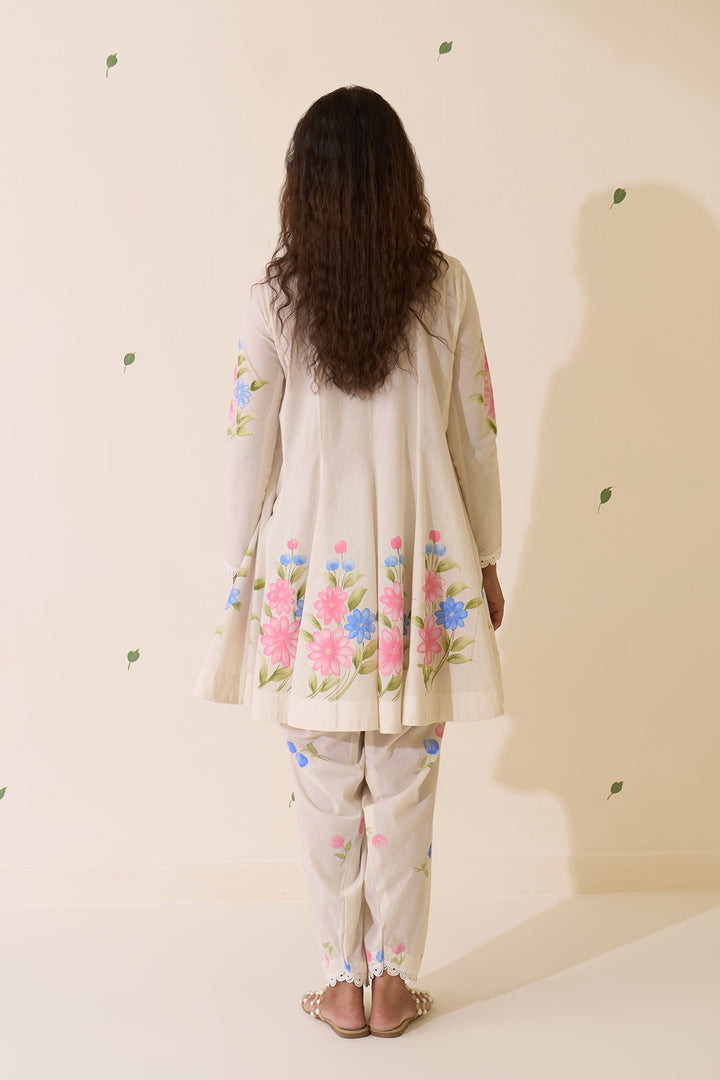 Mehraz Handpaint off white Short anarkali with salwar  and dupatta ( set of 3 )