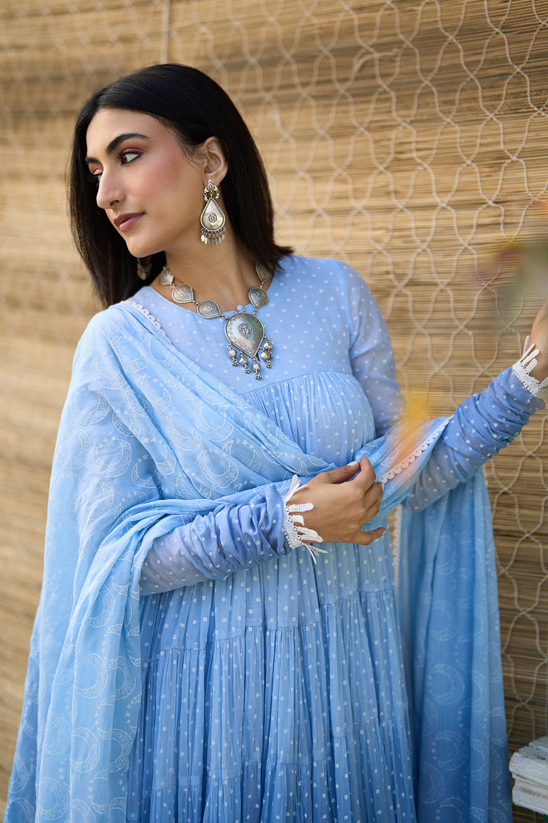 Ombre blue block printed tiered anarkali with chooridar and dupatta ( set of 3 )