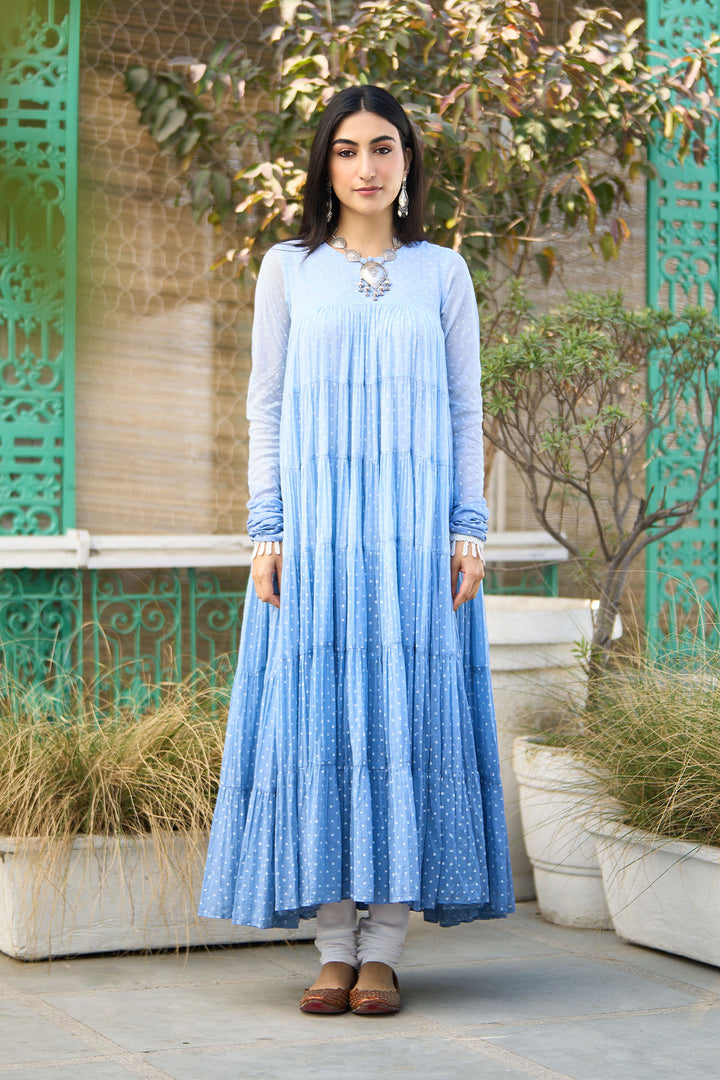 Ombre blue block printed tiered anarkali with chooridar and dupatta ( set of 3 )