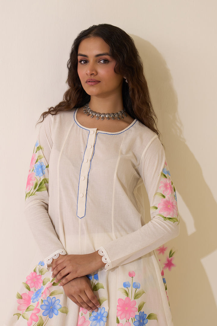 Mehraz Handpaint off white Short anarkali with salwar  and dupatta ( set of 3 )