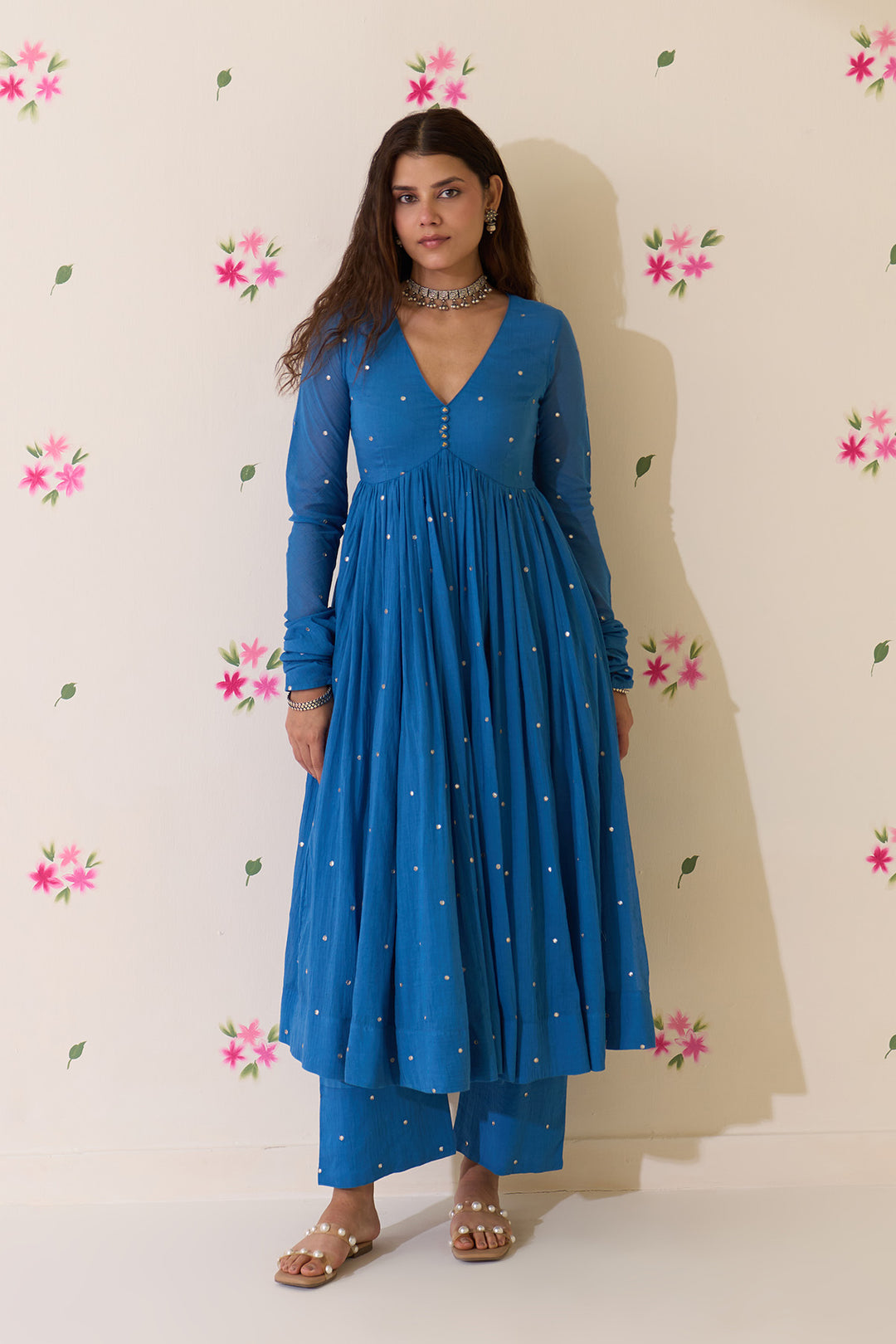 Mehraz Handpaint blue with pink v - neck anarkali with palazzo and dupatta ( set of 3 )