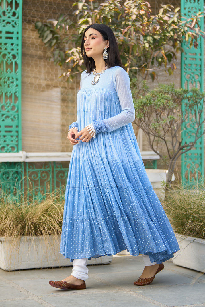Ombre blue block printed tiered anarkali with chooridar and dupatta ( set of 3 )