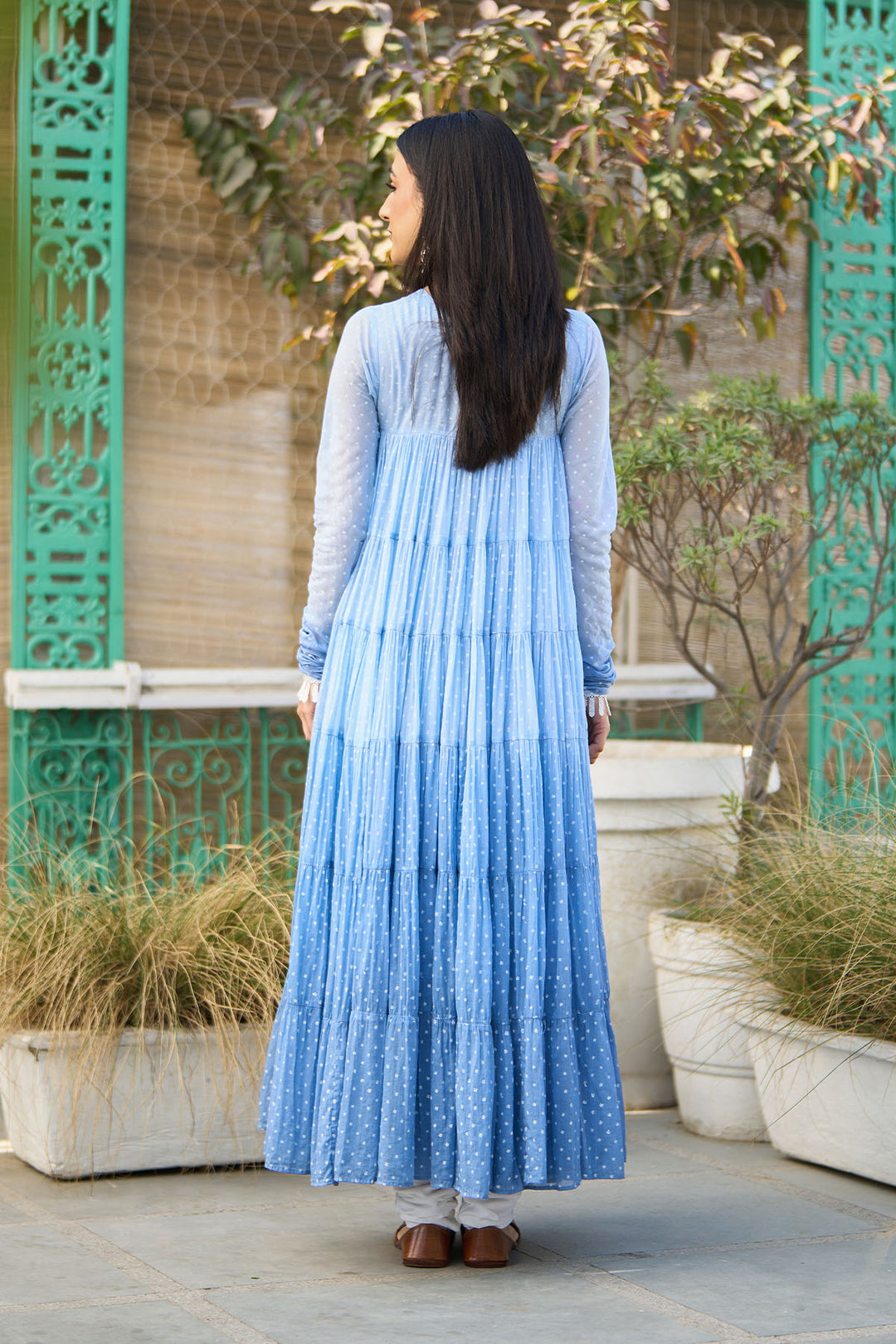 Ombre blue block printed tiered anarkali with chooridar and dupatta ( set of 3 )