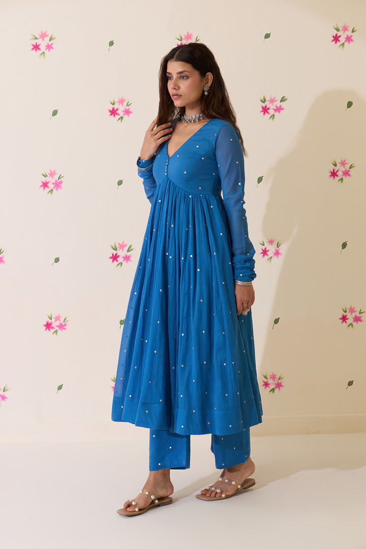 Mehraz Handpaint blue with pink v - neck anarkali with palazzo and dupatta ( set of 3 )
