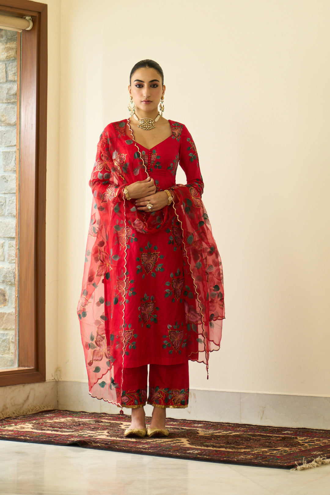 Saanjh Red Silk Handpaint Sweetheart Kurta With Palazzo And Dupatta ( Set Of 3)