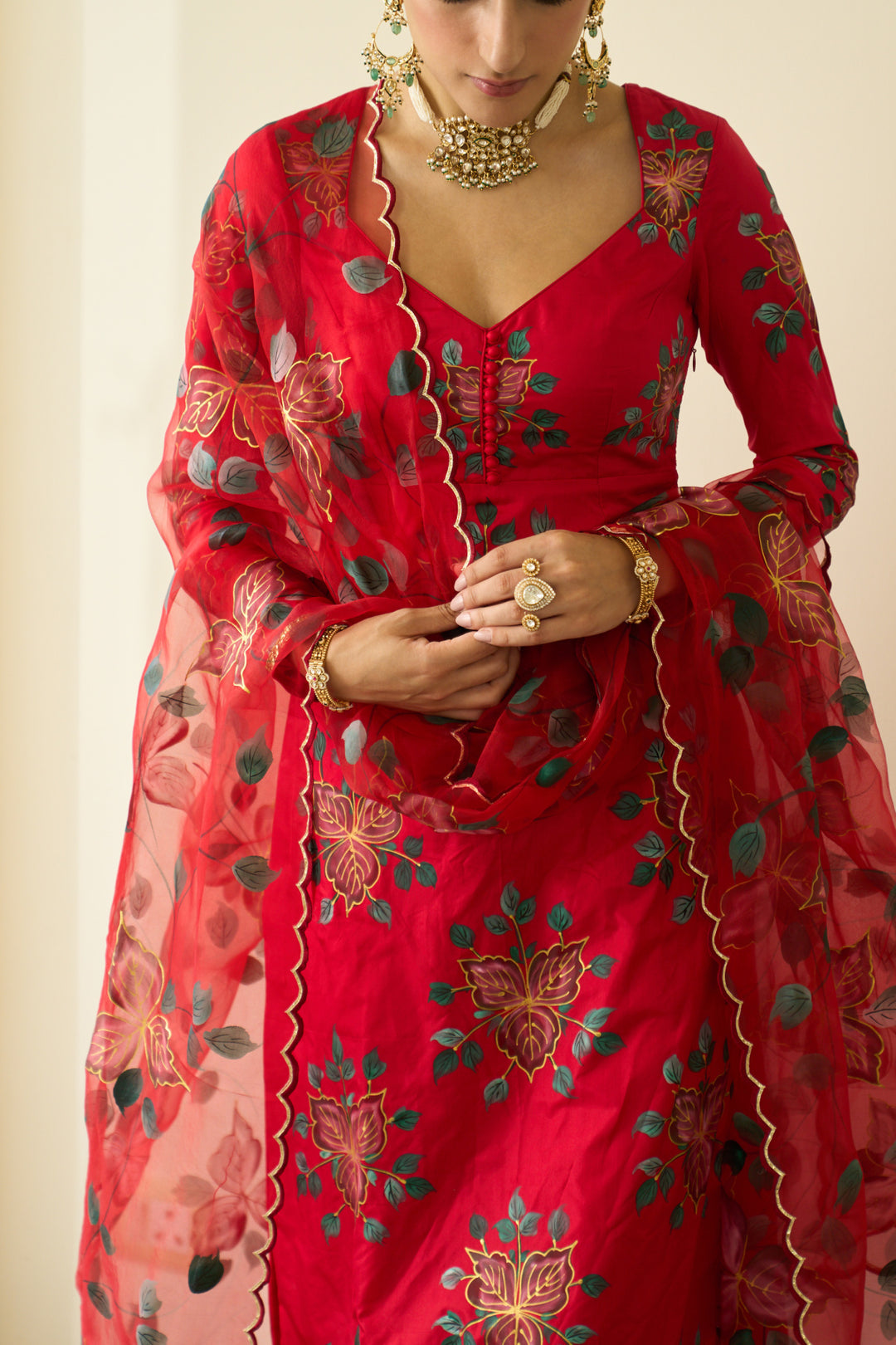 Saanjh Red Silk Handpaint Sweetheart Kurta With Palazzo And Dupatta ( Set Of 3)