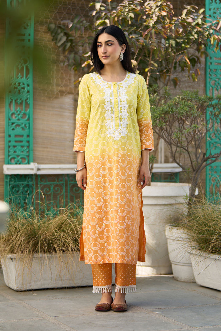 Ombre yellow block printed straight kurta with palazzo and dupatta ( set of  3 )
