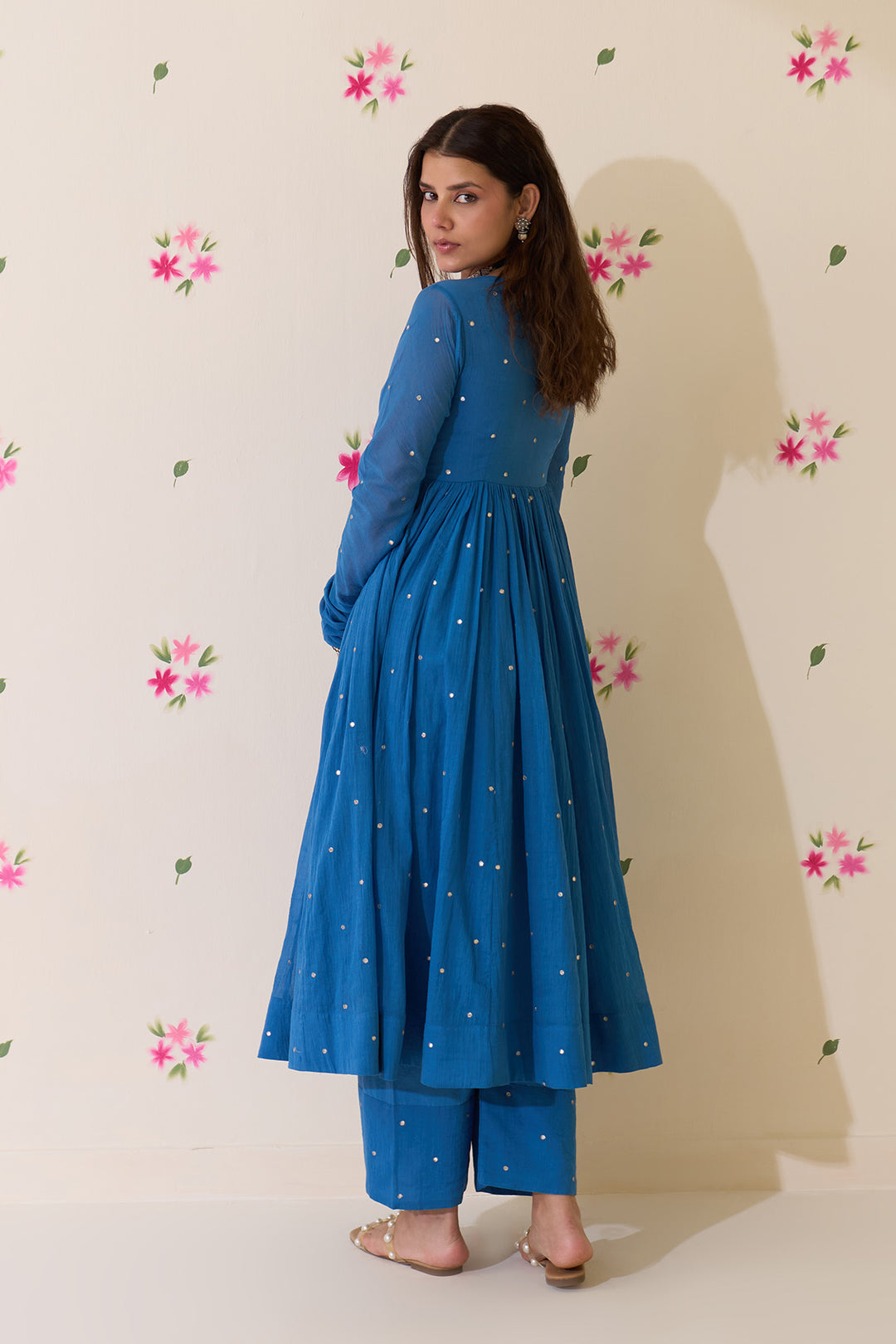 Mehraz Handpaint blue with pink v - neck anarkali with palazzo and dupatta ( set of 3 )