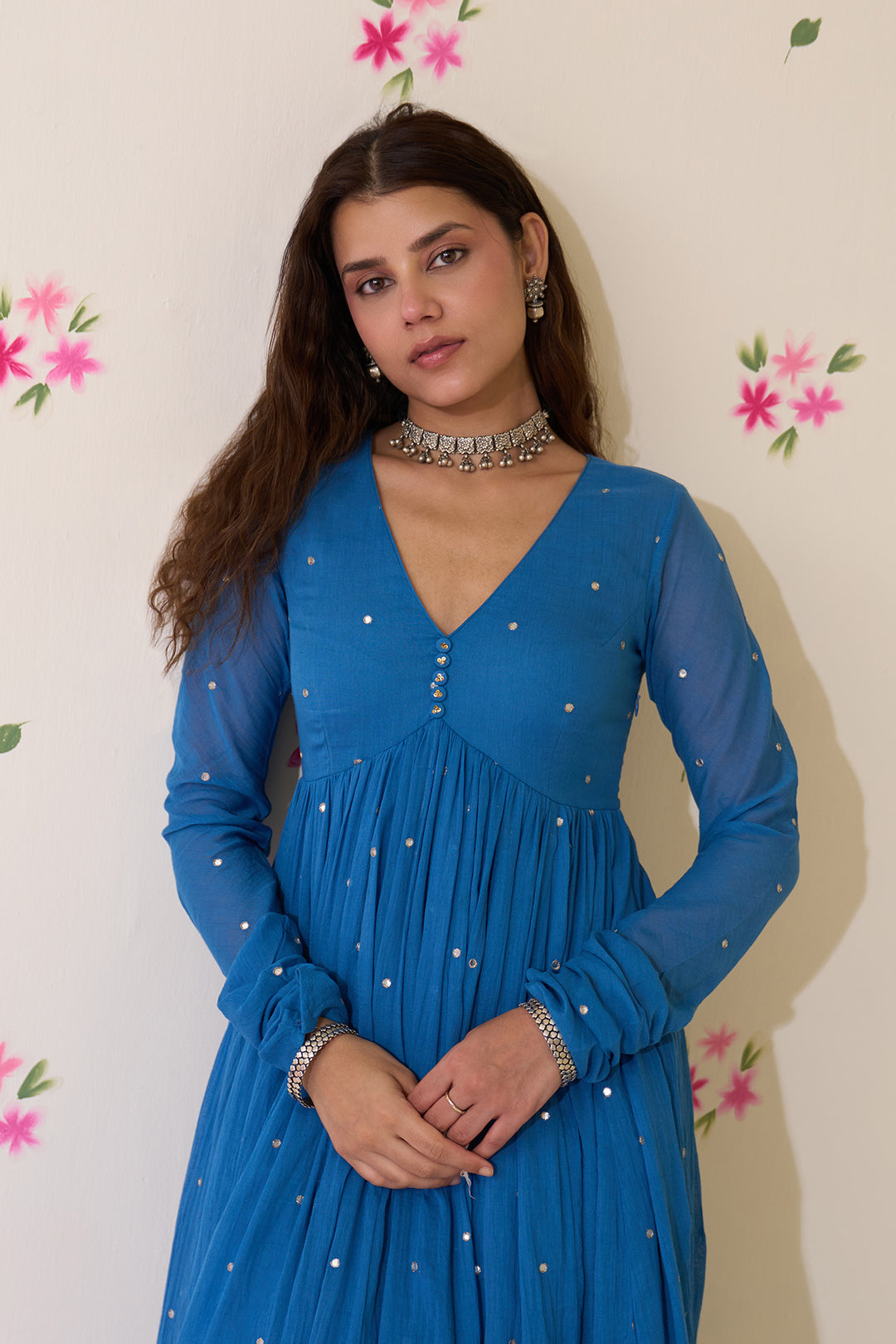 Mehraz Handpaint blue with pink v - neck anarkali with palazzo and dupatta ( set of 3 )