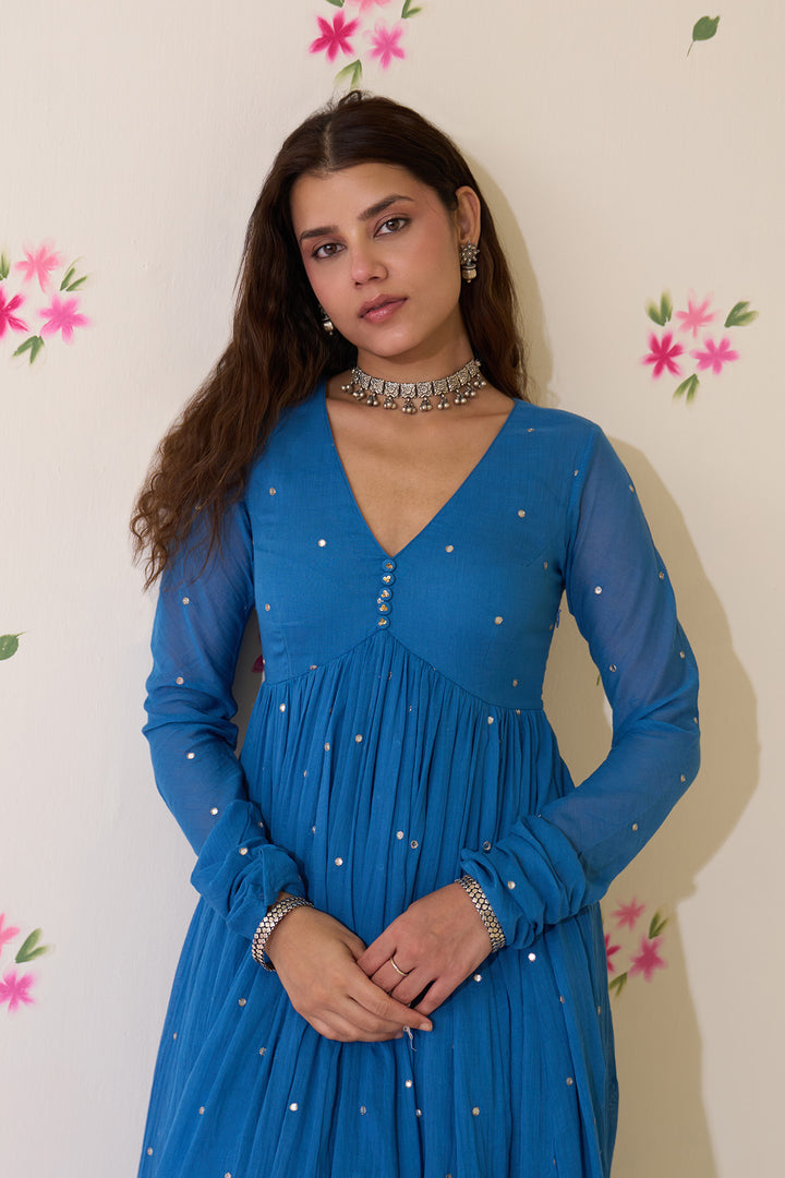 Mehraz Handpaint blue with pink v - neck anarkali with palazzo and dupatta ( set of 3 )