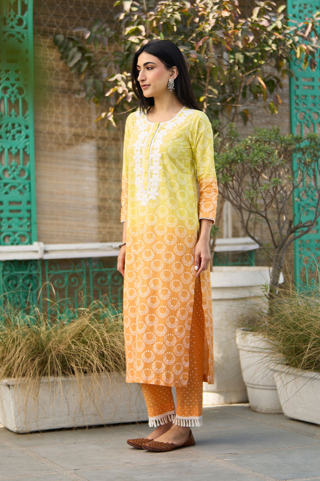 Ombre yellow block printed straight kurta with palazzo and dupatta ( set of  3 )