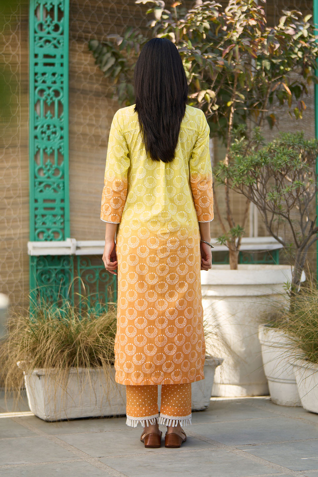 Ombre yellow block printed straight kurta with palazzo and dupatta ( set of  3 )