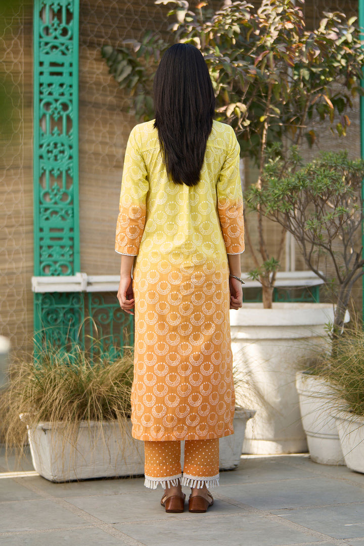 Ombre yellow block printed straight kurta with palazzo and dupatta ( set of  3 )