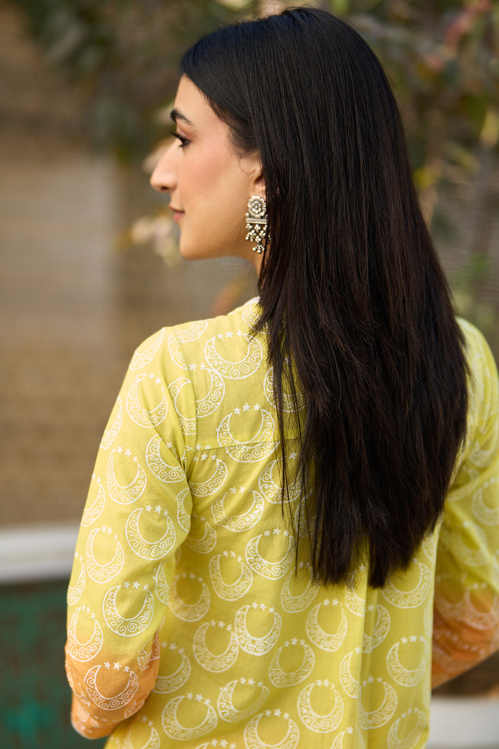 Ombre yellow block printed straight kurta with palazzo and dupatta ( set of  3 )