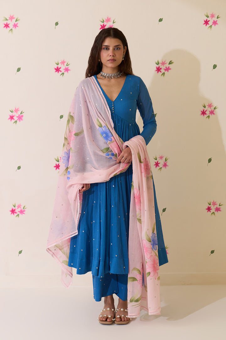 Mehraz Handpaint blue with pink v - neck anarkali with palazzo and dupatta ( set of 3 )