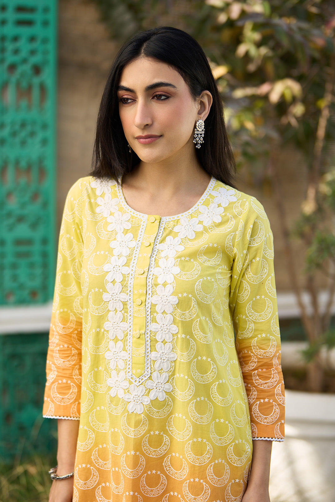 Ombre yellow block printed straight kurta with palazzo and dupatta ( set of  3 )