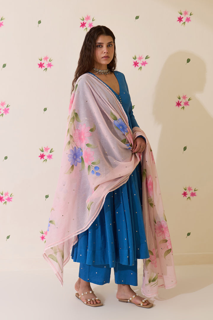 Mehraz Handpaint blue with pink v - neck anarkali with palazzo and dupatta ( set of 3 )