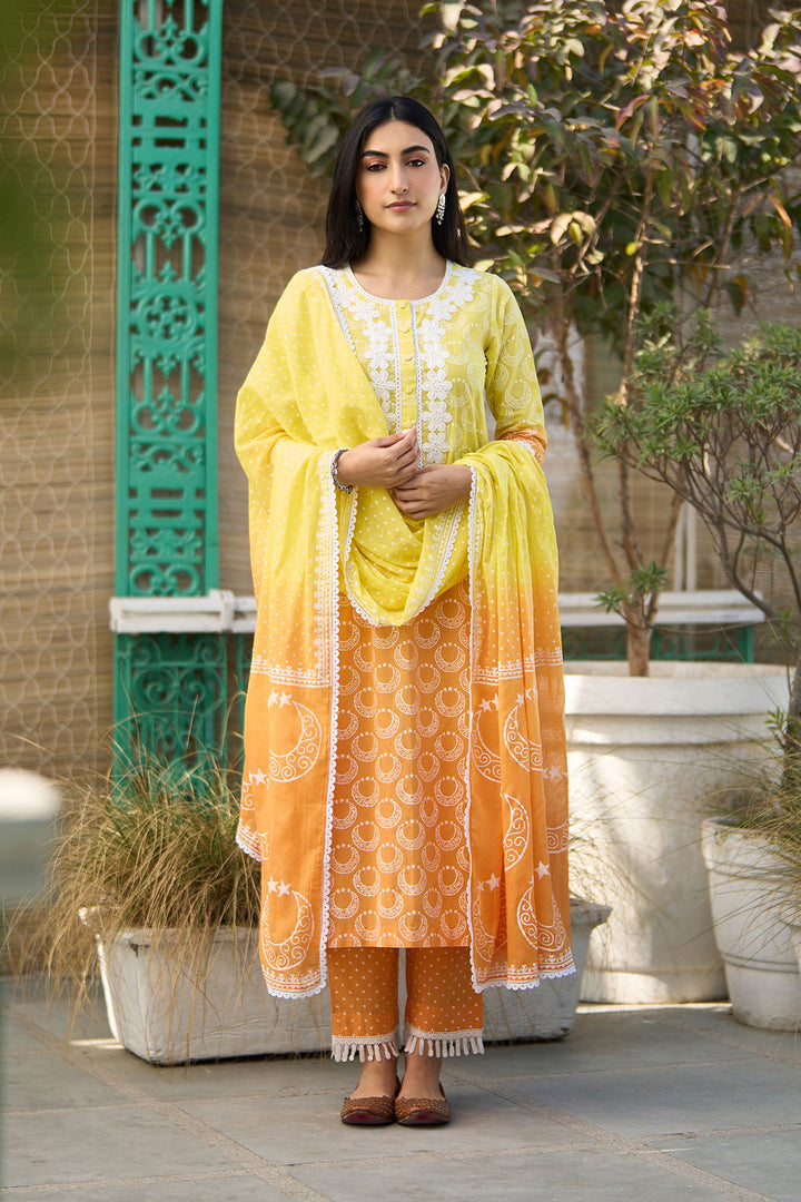 Ombre yellow block printed straight kurta with palazzo and dupatta ( set of  3 )