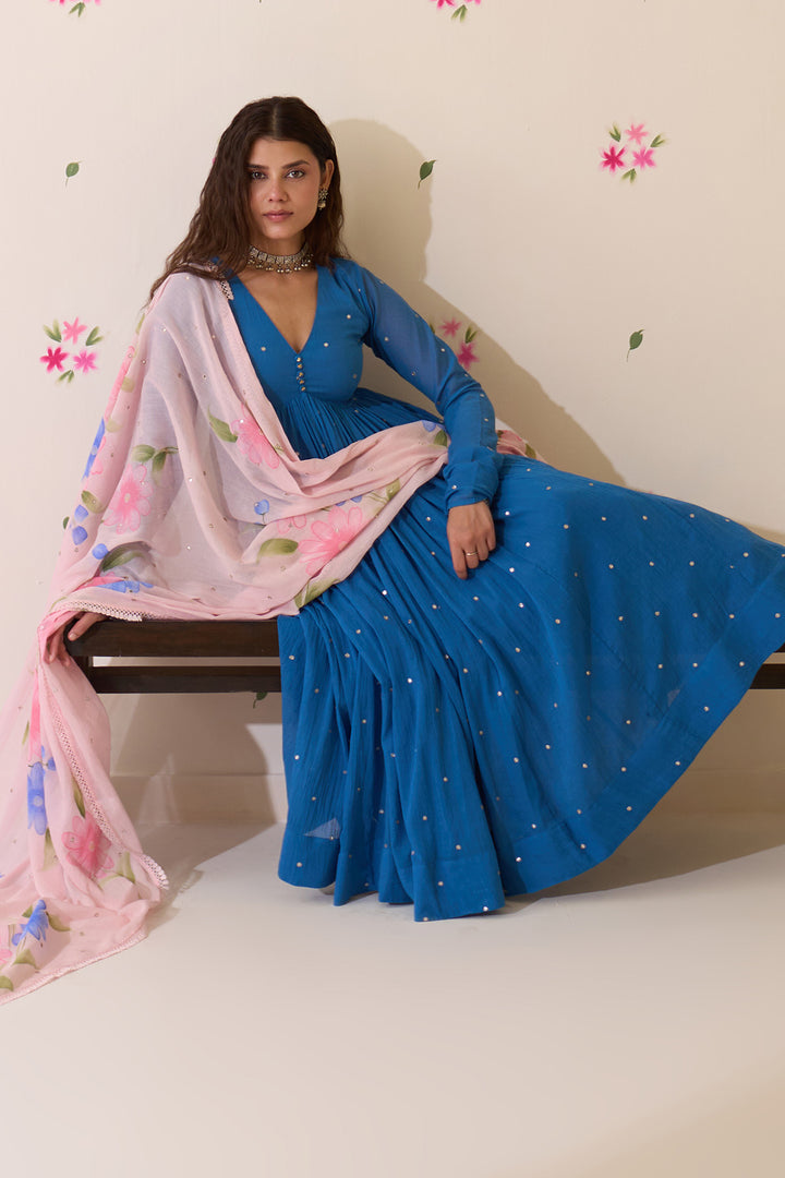 Mehraz Handpaint blue with pink v - neck anarkali with palazzo and dupatta ( set of 3 )