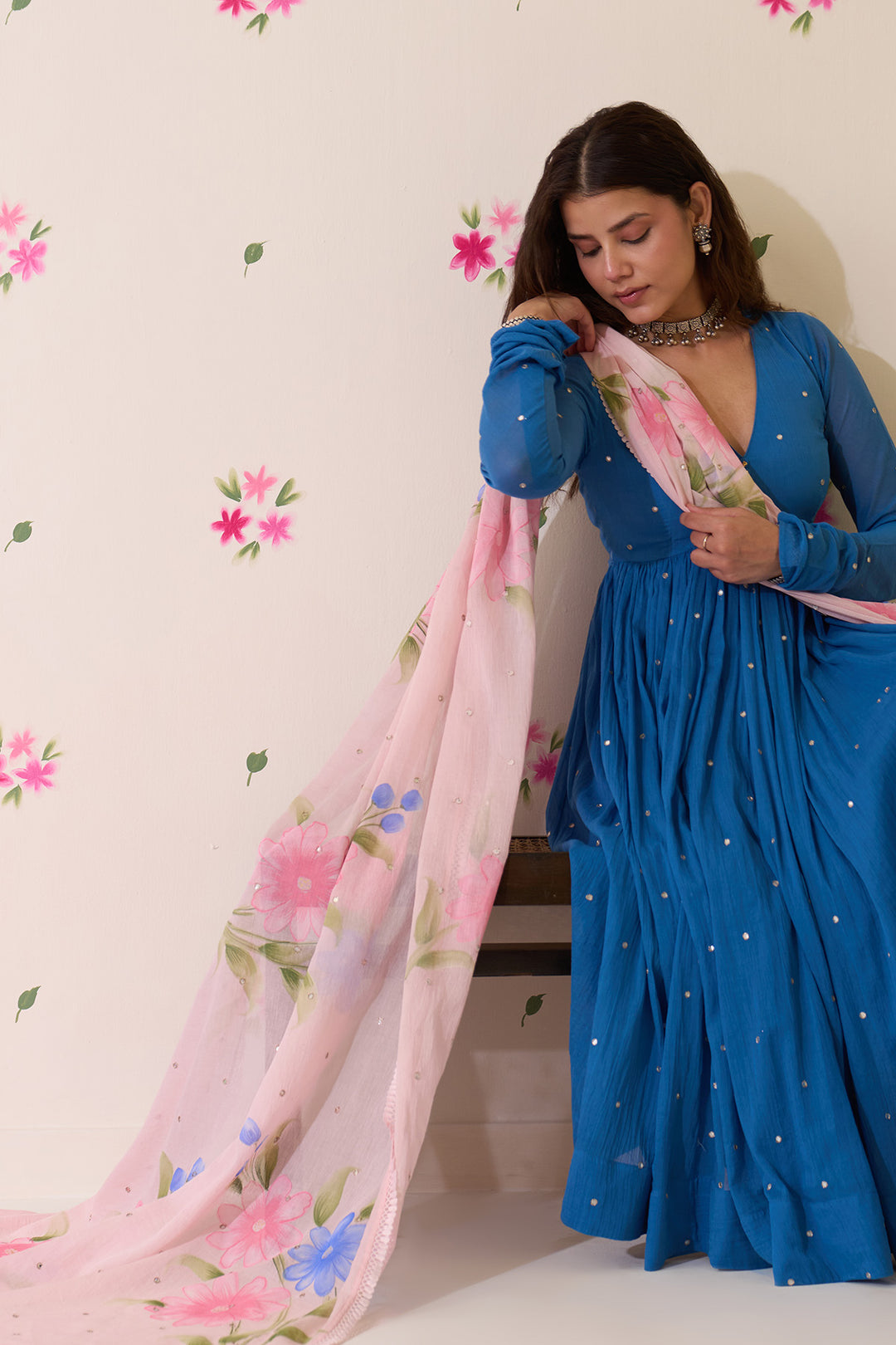 Mehraz Handpaint blue with pink v - neck anarkali with palazzo and dupatta ( set of 3 )