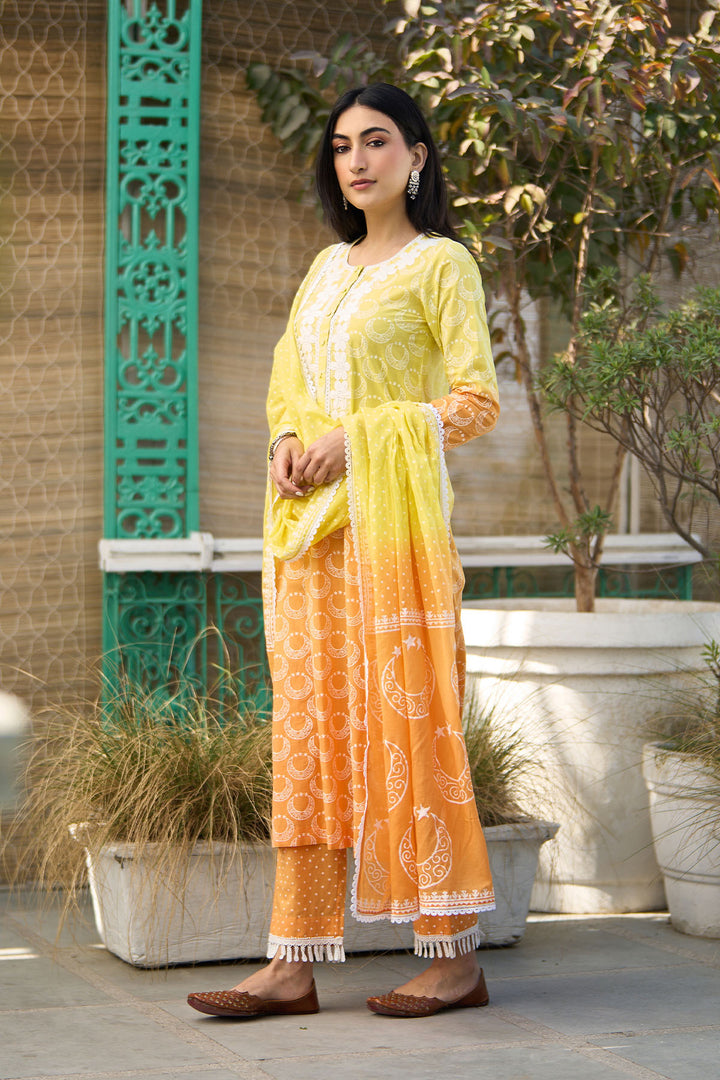 Ombre yellow block printed straight kurta with palazzo and dupatta ( set of  3 )