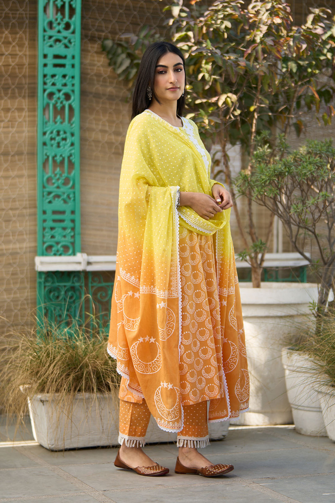 Ombre yellow block printed straight kurta with palazzo and dupatta ( set of  3 )