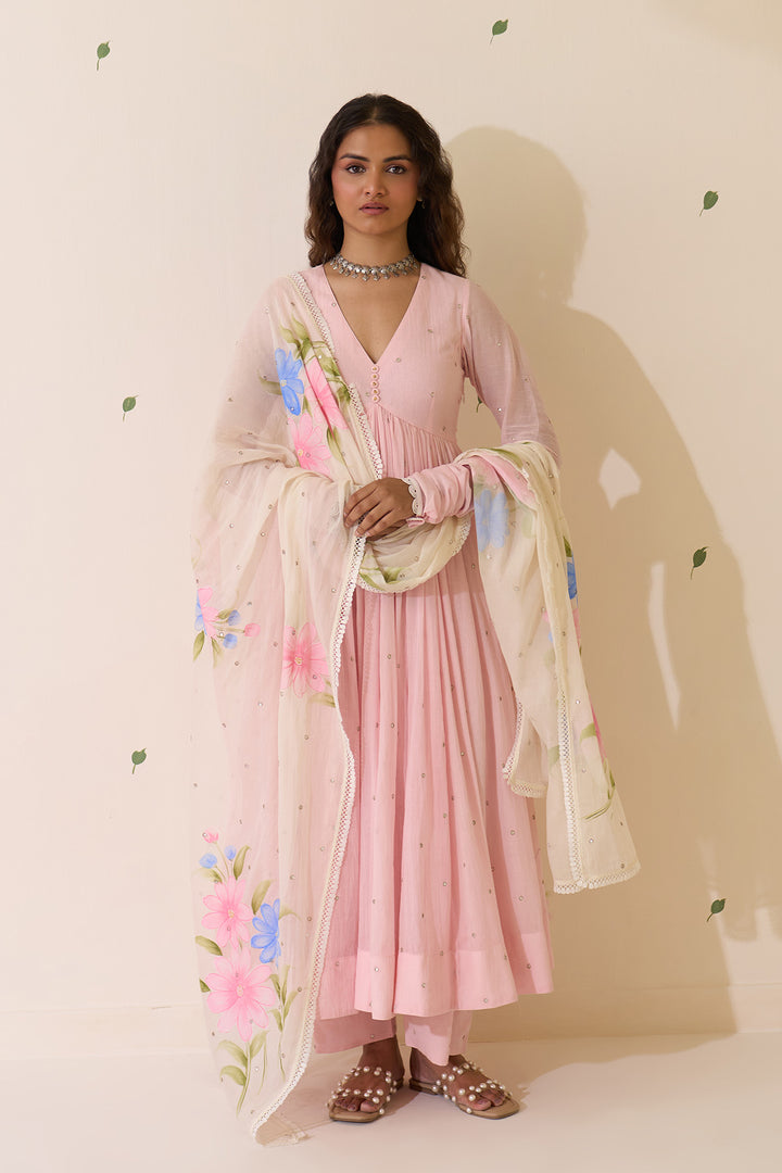 Mehraz Handpaint pink with off white v - neck anarkali with palazzo and dupatta ( set of 3 )