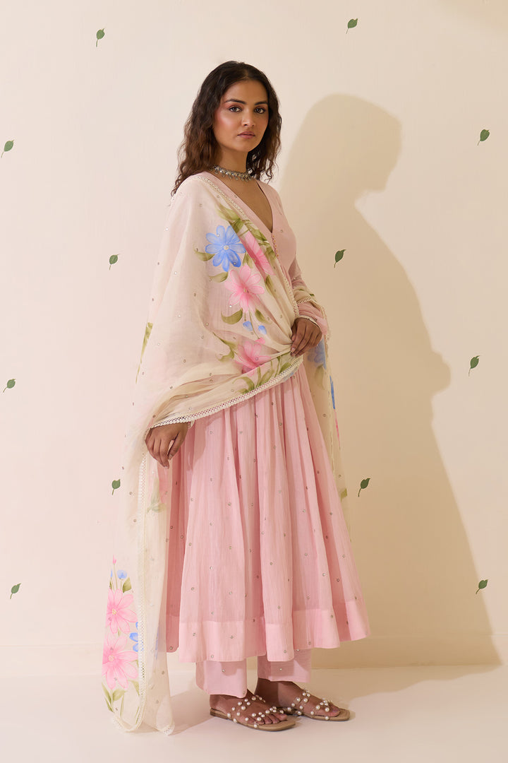 Mehraz Handpaint pink with off white v - neck anarkali with palazzo and dupatta ( set of 3 )
