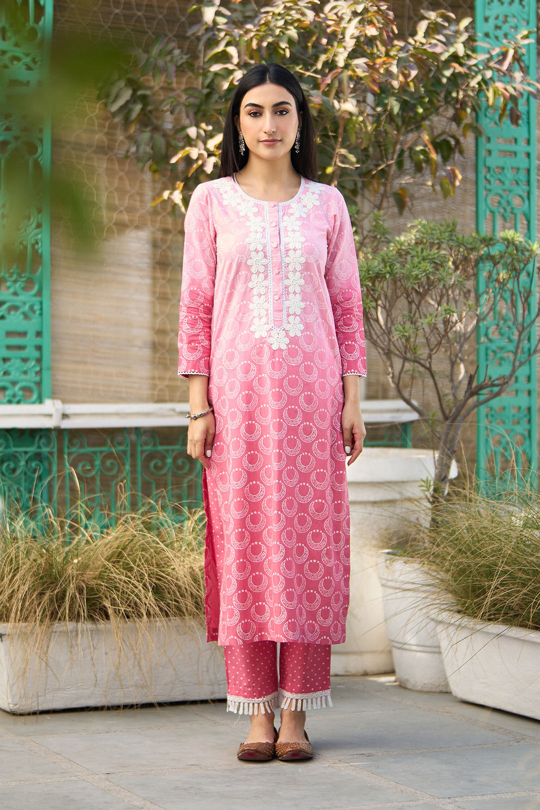 Ombre pink block printed straight kurta with palazzo and dupatta ( set of  3 )