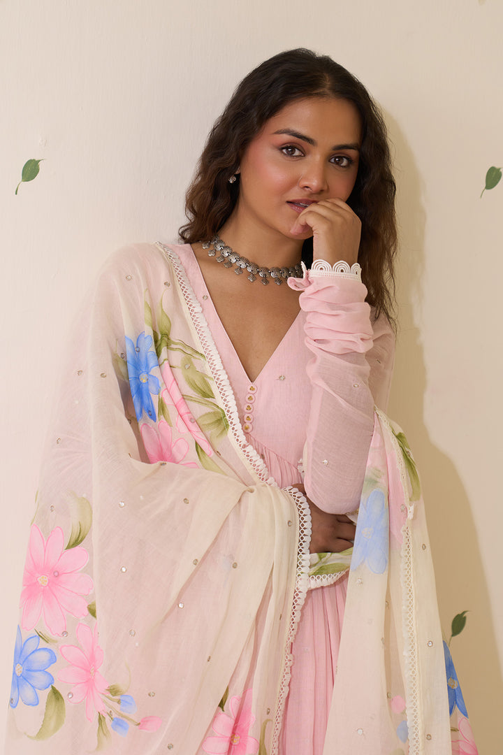 Mehraz Handpaint pink with off white v - neck anarkali with palazzo and dupatta ( set of 3 )