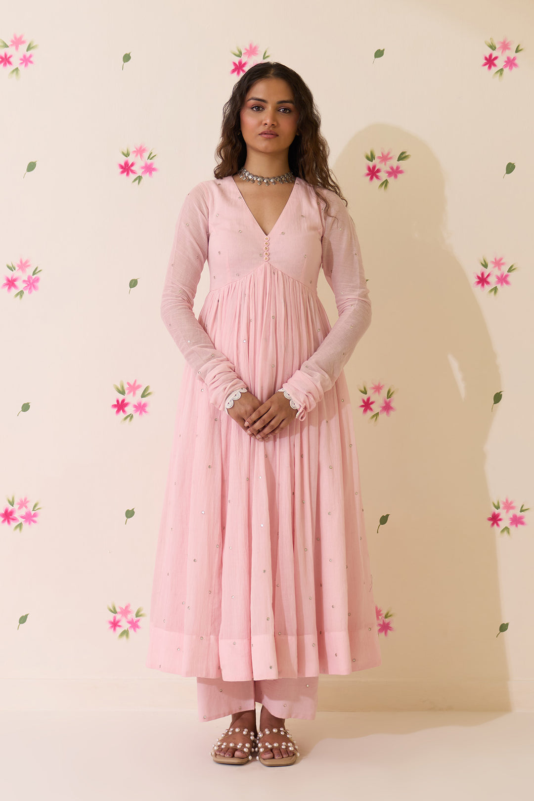 Mehraz Handpaint pink with off white v - neck anarkali with palazzo and dupatta ( set of 3 )