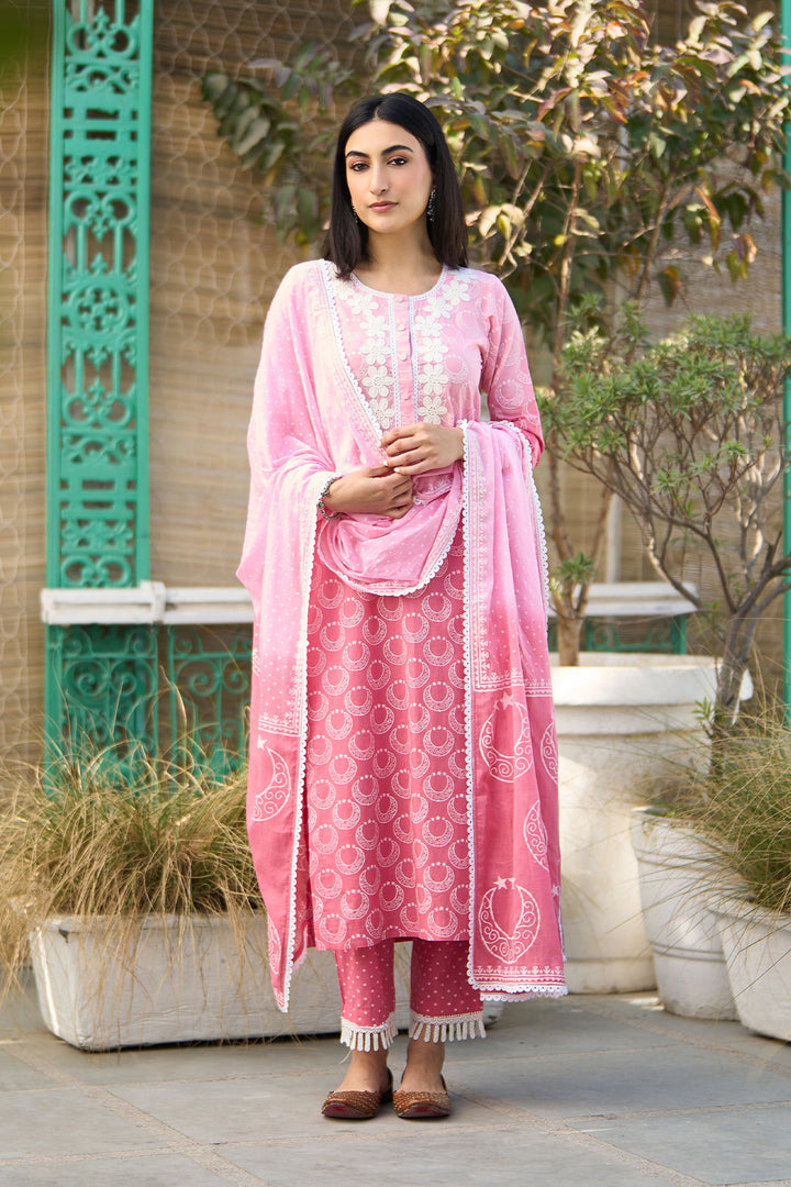Ombre pink block printed straight kurta with palazzo and dupatta ( set of  3 )