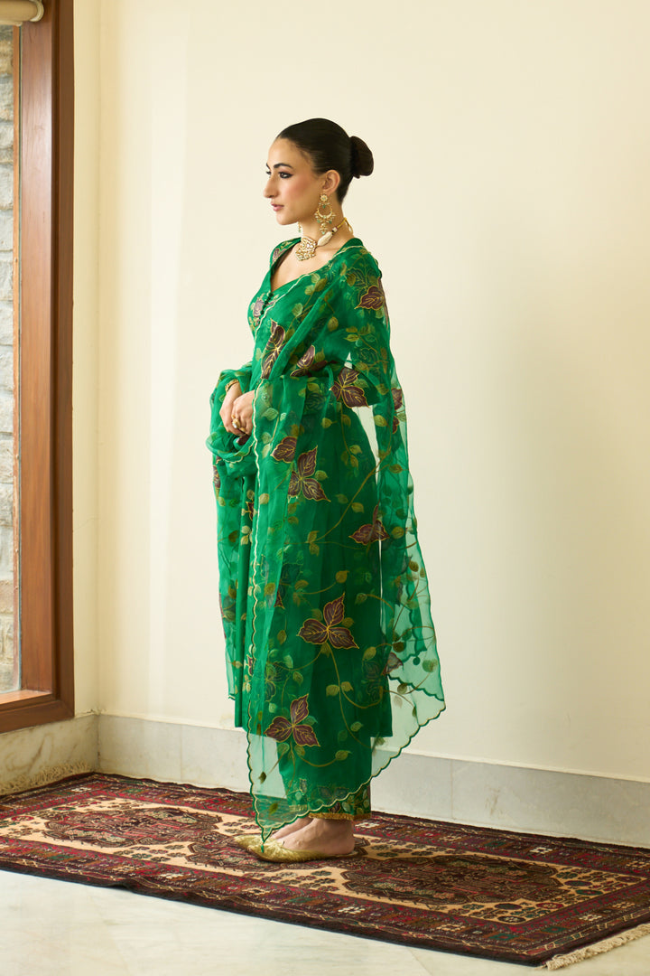 Saanjh Green Silk Handpaint Sweetheart Kurta With Palazzo And Dupatta ( Set Of 3)