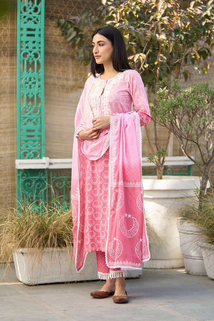 Ombre pink block printed straight kurta with palazzo and dupatta ( set of  3 )