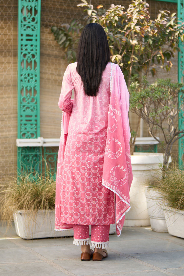 Ombre pink block printed straight kurta with palazzo and dupatta ( set of  3 )
