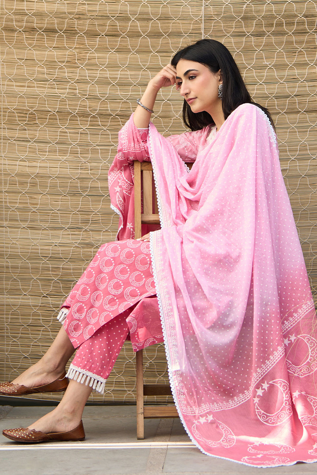 Ombre pink block printed straight kurta with palazzo and dupatta ( set of  3 )