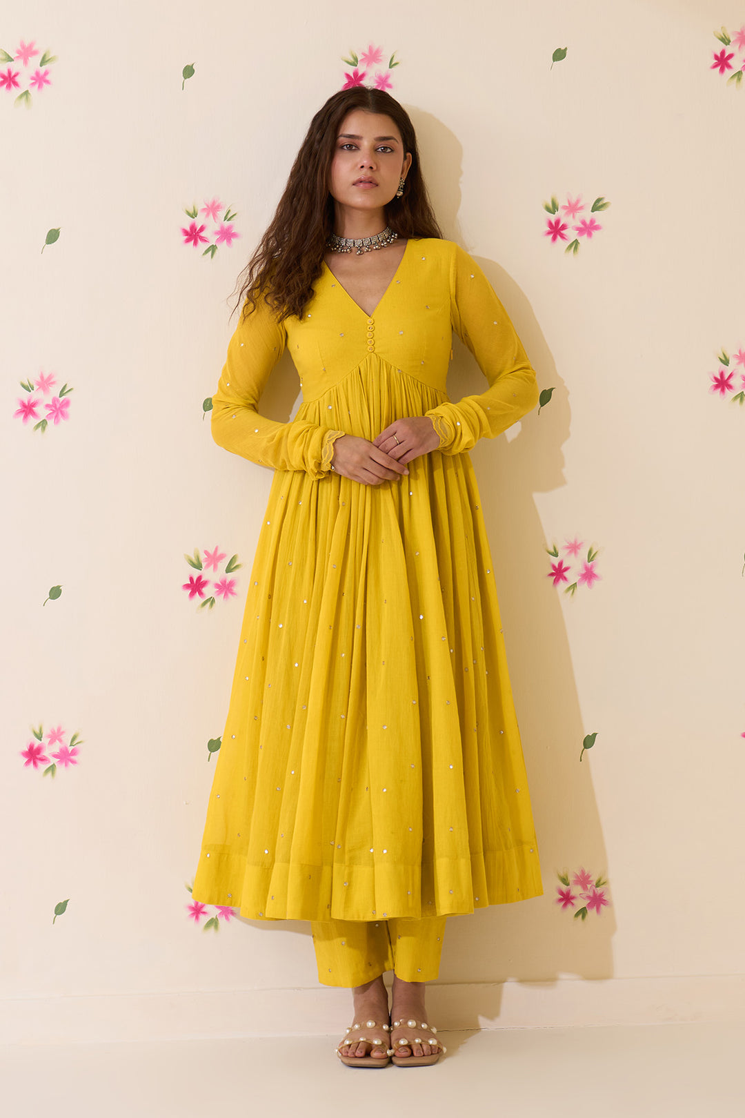 Mehraz Handpaint neon green v - neck anarkali with palazzo and dupatta ( set of 3 )